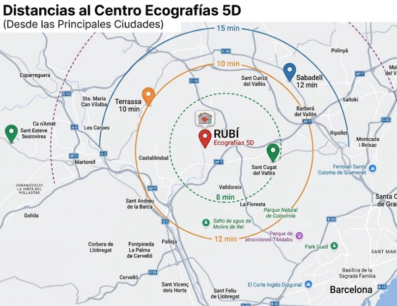 Mapa de distancias al centro de ecografías 5D Hello Baby en Rubí desde Terrassa, Sabadell, Sant Cugat y Barcelona