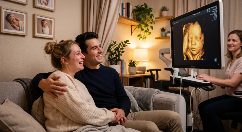 Familia observando la pantalla durante una sesión de ecografía 5D emocional