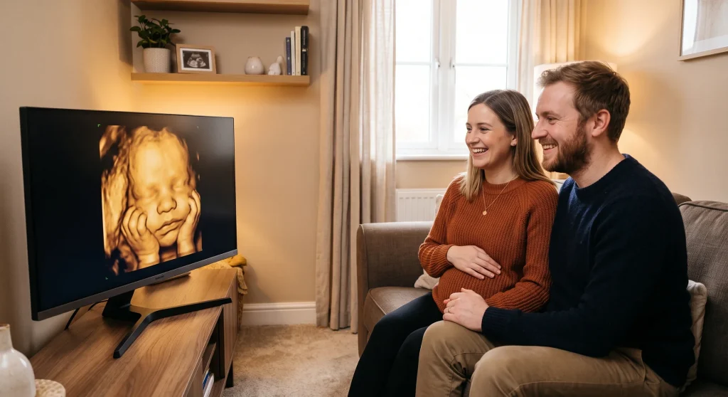 Pareja observando la pantalla durante una sesión de ecografía 5D cerca de Sabadell